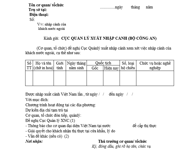 Thủ tục xin visa du lịch cho người nước ngoài vào Việt Nam như thế nào? 2 Mẫu NA2 - Đơn xin nhập cảnh Việt Nam cho người nước ngoài