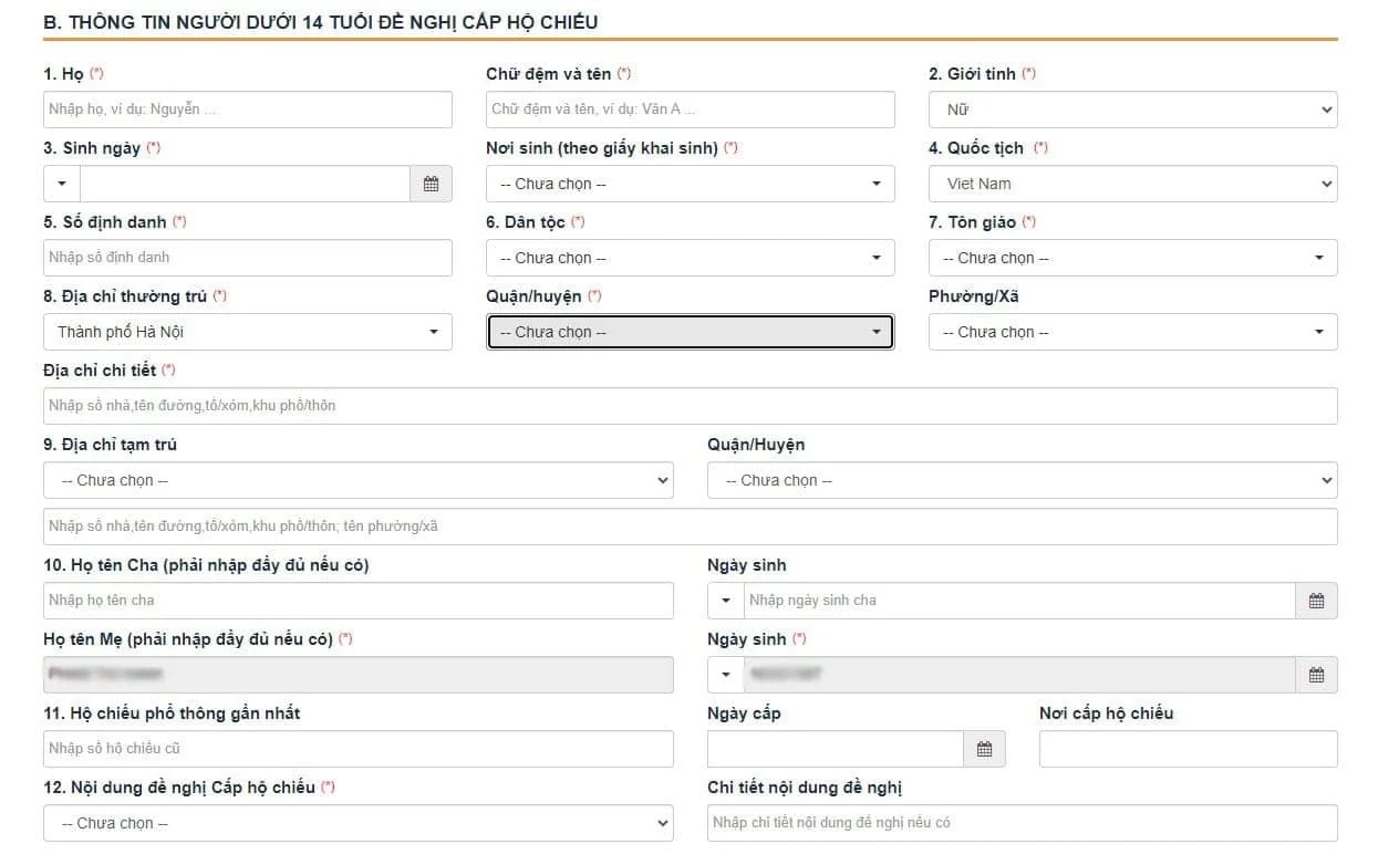 nhập đầy đủ thông tin của trẻ