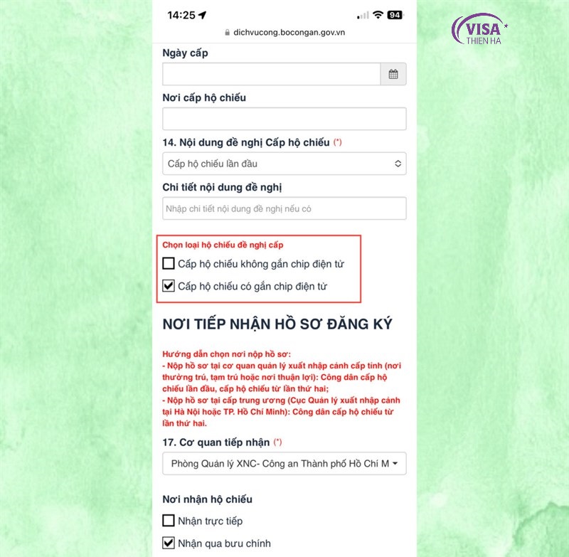 chọn loại hồ chiếu đề nghị cấp