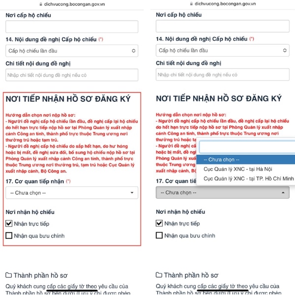 chọn địa điểm nhận hộ chiếu