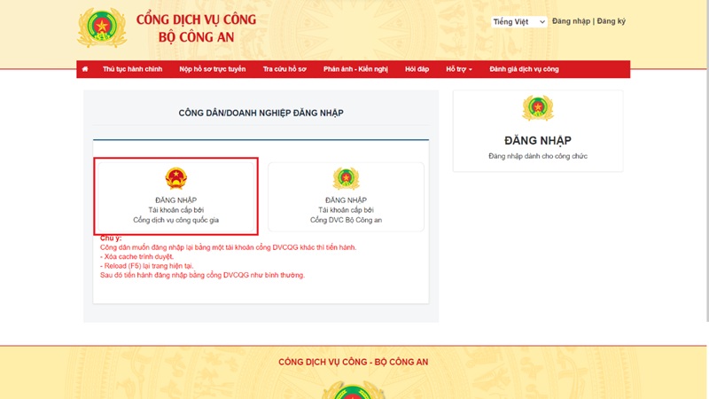 chọn đăng nhập