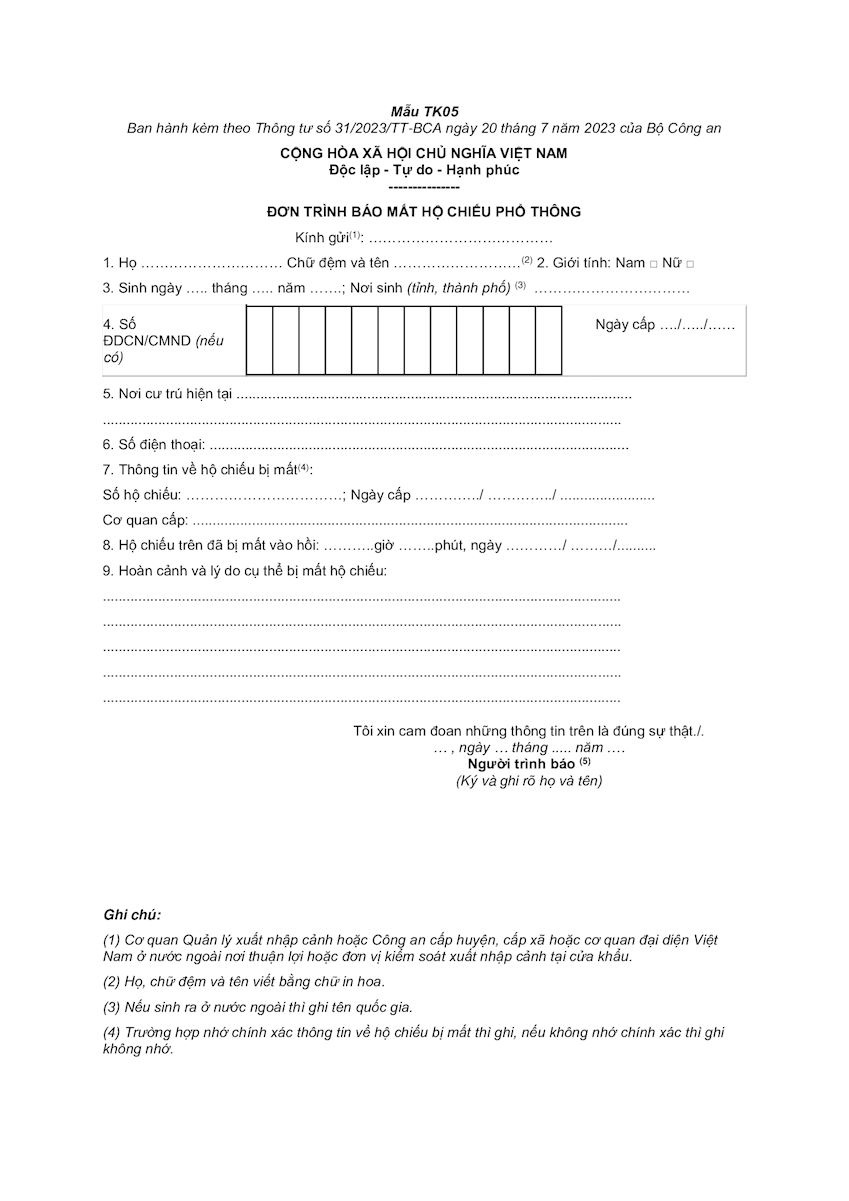 Hướng Dẫn Thủ Tục Xin Cấp Lại Hộ Chiếu Bị Mất Online Thành Công 4 mẫu tk05